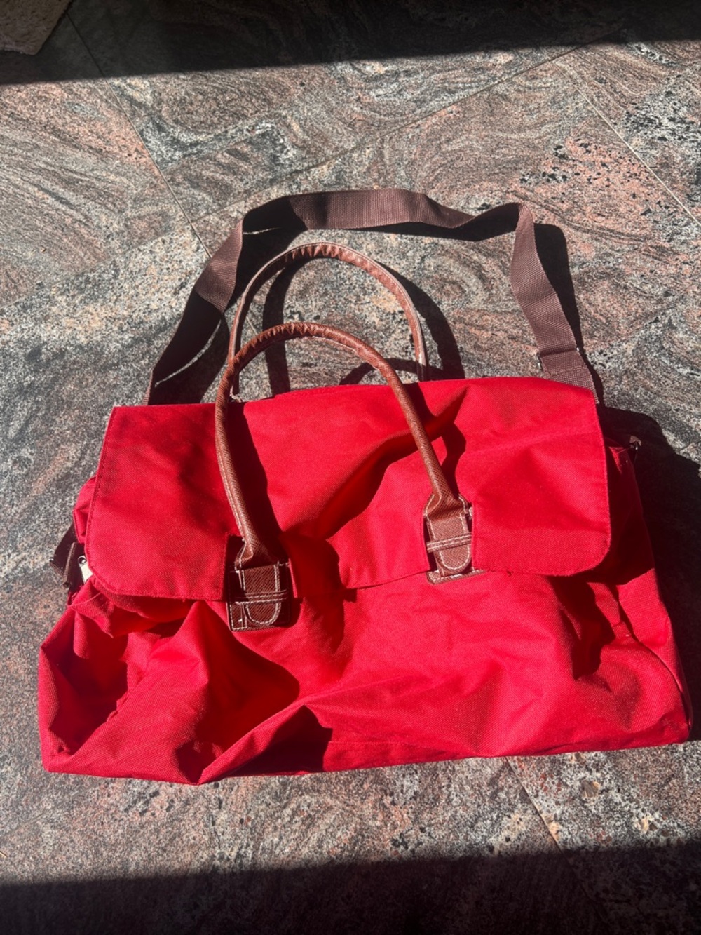 Red Men's Travel Tote Bag with Brown Handles